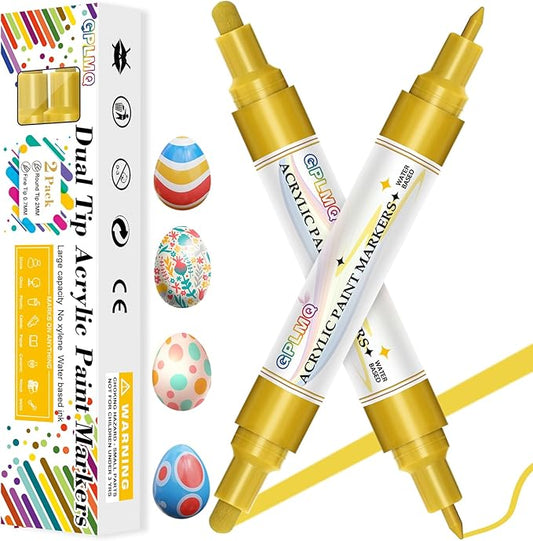 Paint Markers Paint Pens - 2 Pack Dual Tip Acrylic Permanent Marker (0.7mm & 3mm), Non-Toxic, Water-Based for Art Painting, Stone, Ceramic, Glass, Wood, Fabric, Metal, DIY Crafts (Gold)