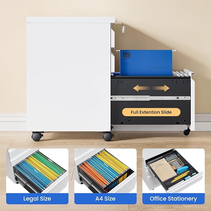 MIIIKO White Filing Cabinet 3 Drawers on Wheels Under Desk, Metal Rolling File Cabinet with Lock for Home Office, Small Mobile File Cabinet for Letter Legal File Folders, Un-Assembled