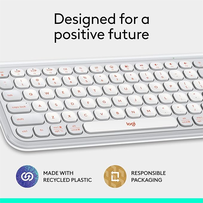 Logitech POP ICON Keys Wireless Bluetooth Keyboard, Comfortable Typing, Programmable Keys, Easy-Switch Between up to 3 Devices, for Laptop, Tablet, PC – Off White and Orange