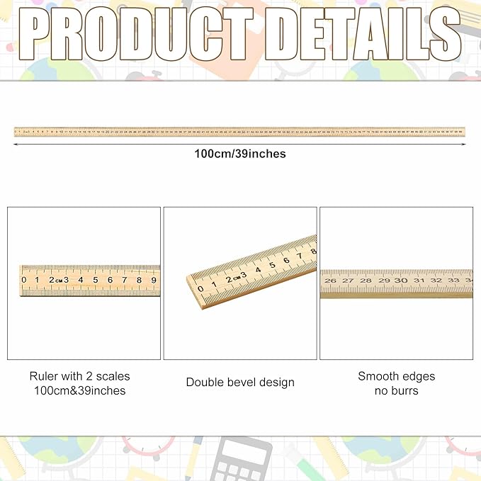 Treela 36 Pack 39 Inches Meter Stick Wood Ruler Economy Yard Stick Double Sided Heavy Duty Thick Meter for School Classroom Home Office Kids Clothing Measuring
