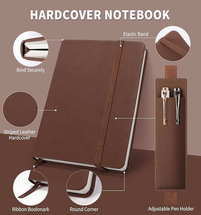 Lined Journal Notebook for Work, A5 Leather Notebook with Pen Holder, 100GSM/160 Pages Thick Paper, Daily Journals for Writing, School, Note Taking, Business, Travel, College Ruled