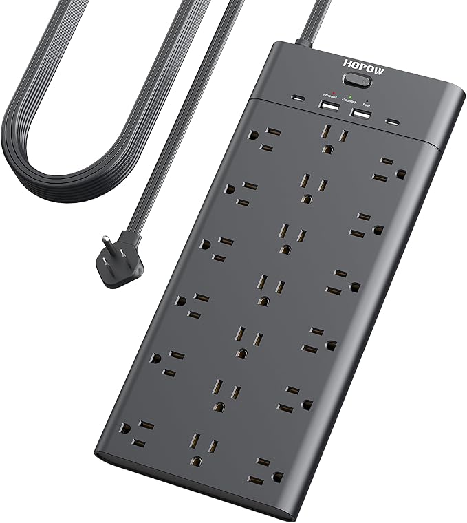 Surge Protector Power Strip with 19 Outlets and 4 USB Ports, HOPOW 15 Ft Flat Plug Heavy Duty Extension Cord, 1875W, 2100J Surge Protection, Wall Mount for Home, Office, Gaming Room, Dorm, Black