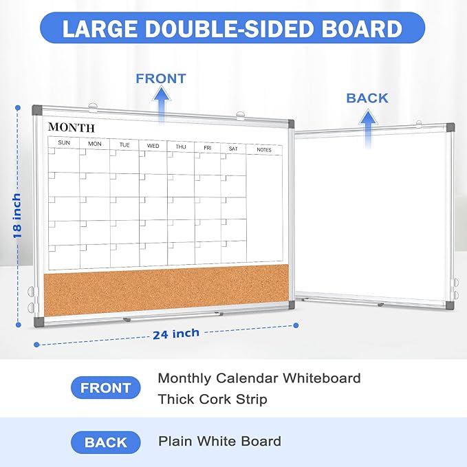 Monthly Calendar Whiteboard Dry Erase Cork Board Combo for Wall, 24" x 18" Double-Sided Calendar White Board and Bulletin Board, Portable Board for Office, Kitchen, School, Home