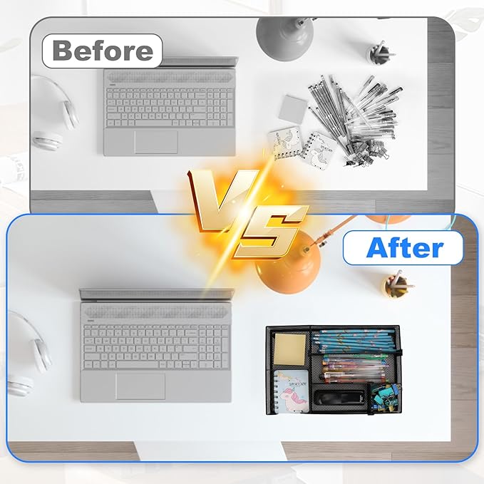 Desk Drawer Organizer Tray, with 2 Adjustable Compartments, Metal Mesh Drawer Organizer, Multifunctional Desktop Drawer Organizer Organizer Set for Office, Home and School Supplies 12.6x8.26x1.57 in