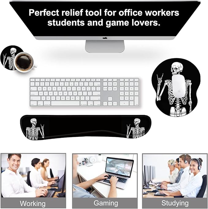 ArtSo Mouse Pad Keyboard Wrist Rest Support Ergonomic, Upgraded Cushion Mousepad Gel Memory Foam Non-Slip Rubber Base Pain Relief & Easy Typing for Home,Office, Human Skeleton Black