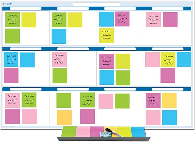 Sky Blue 12 Section Task, Objective and Goals Planning System Horizontal 32" Tall x 48" Wide. Wall Tray, Dry-Erase Marker, Eraser and 600 Sticky-Notes