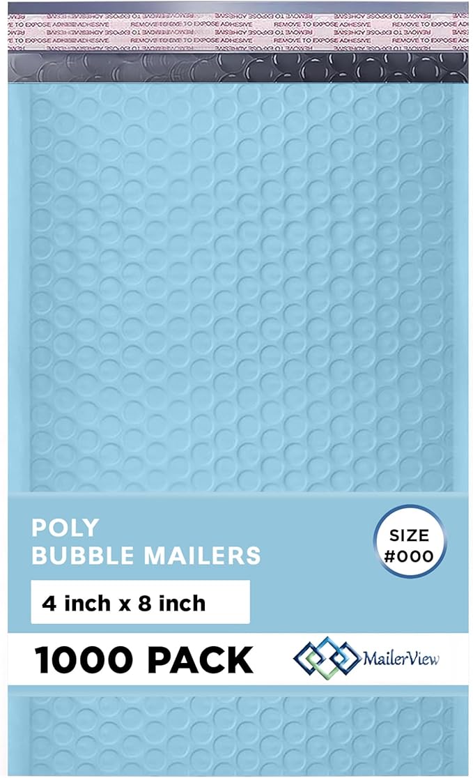 Light Blue Small Bubble Mailers 4x8 Inch #000 | Thick Padded Poly Bubble Mailer Envelopes | 1000 Pack Bulk | Trading Card Sports Card Shipping