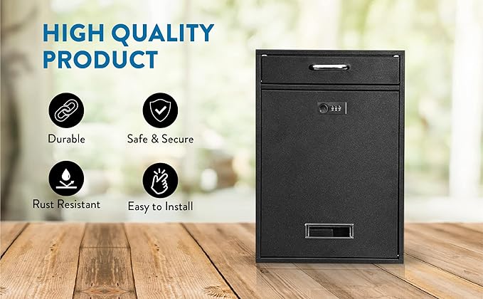 Wall Mounted Locking Vertical Dropbox Mailbox - Safe and Secure (Large) | Made with Galvanized Steel (Black Combination Lock)