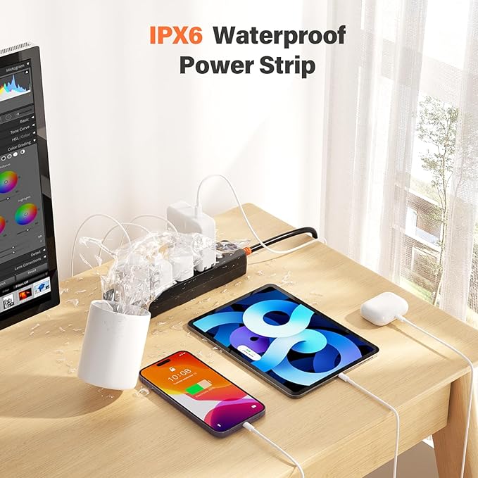 Power Strip Weatherproof, Surge Protector with 4 Wide Outlets, 1875W/15A Overload Protection Switch, 6FT Flat Plug Multi-Plug Outdoor Extension Cord for Indoor Outdoor, UL FCC Listed