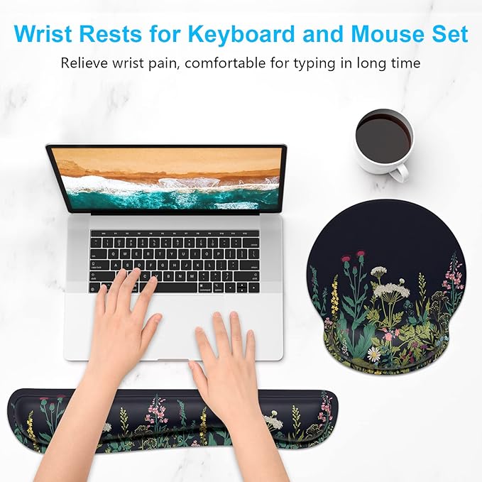 Dapesuom Keyboard Wrist Rest and Mouse Pad with Wrist Support, Cute Memory Foam Cushion for Keyboard and Mouse Set, Ergonomic Pad Rests with Non Slip Base for Easy Typing & Pain Relief, Elegant Flower