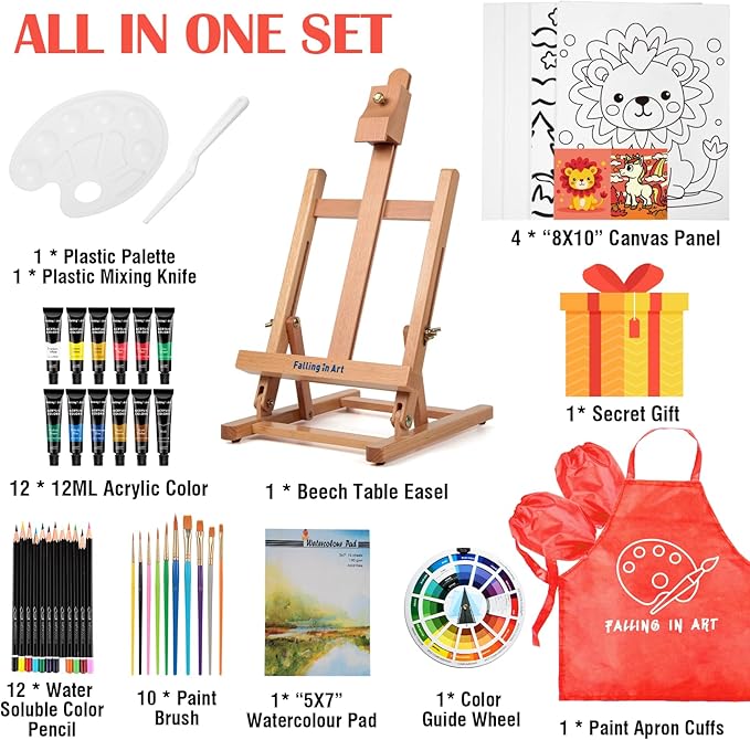 Falling in Art 52Pcs Acrylic Paint Set with Table Easel, Art Painting Kit with Acrylic Paints, Canvas Panels, Paintbrushes, Canvas Supplies Kit for Kids, Adults, Beginners, and Artists, Red