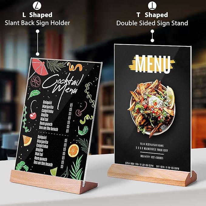 TONICE® 3 Pack 5x7 Acrylic Sign Holder Slant Back Design L Shape Clear Acrylic Frames Wood Base, Table Menu Display Stand Flyer Display for Desk Display (Optional 8.5x11/5x7 Inch L/T Shape)