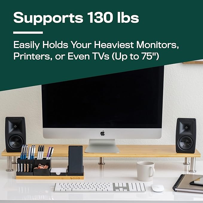 The Original Bamboo Dual Monitor Stand (As Seen On PBS) - 42 Inch Large Monitor Riser for Computer Screens, Laptop or TV - Desk Shelf Adds Storage Space and Improves Ergonomics - Natural