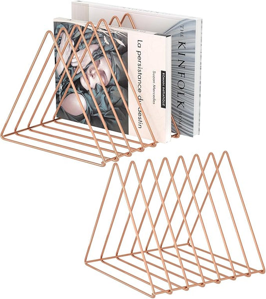 Urban Deco Triangle Desk Organizers Metal Wire Magazine Holder 7 Sections Decorative Vinyl Record Storage Office File Organizer For Desk - Rose Gold Magazine File Holder - 2 Pack
