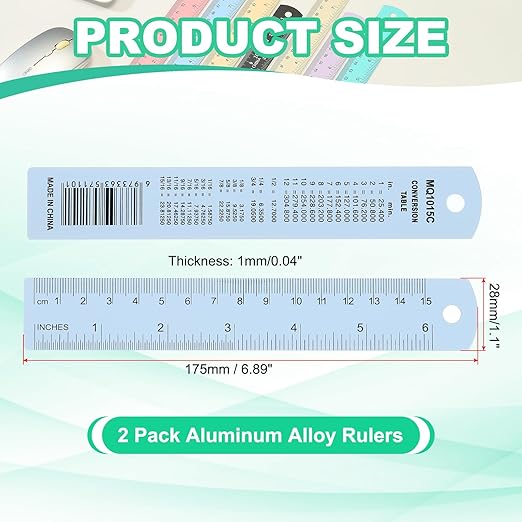 PATIKIL 15cm/6" Metal Ruler, 2 Pack Aluminum Alloy Rulers with Centimeters, Millimeters, Inches and Conversion Table Straight Edge Ruler for Writing Machinist Drafting, Blue