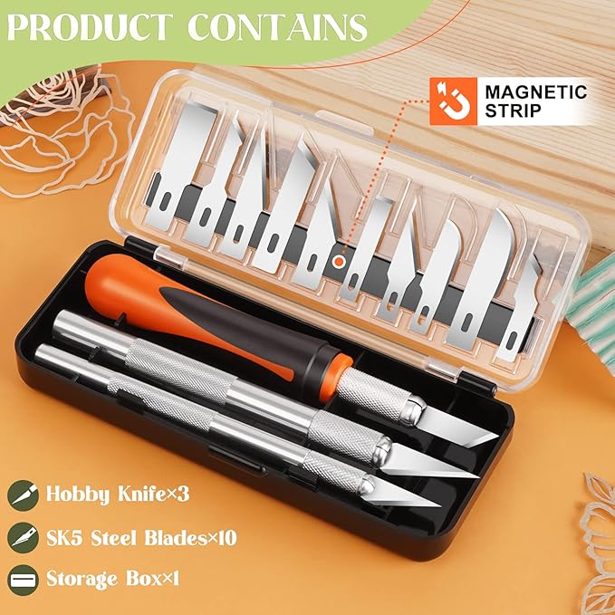 16 Pcs Exacto Knife Set, 3 Craft Knife and 13 SK5 Steel Blades, Precision Hobby Knife for Carving, Modeling, DIY, Scrapbooking, and Art Projects