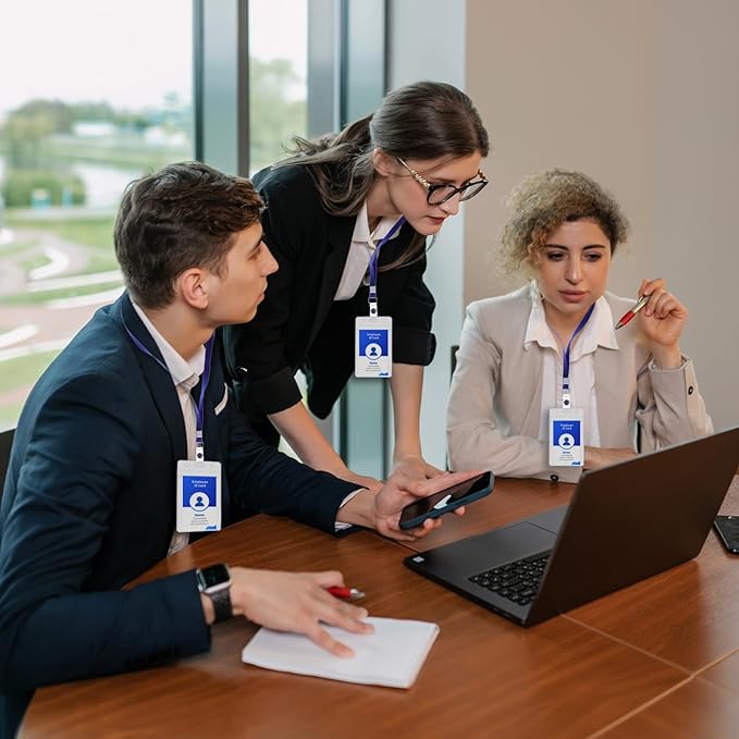 RexID 100 Pcs Vertical ID Holder Badges Name Tags,Waterproof Clear Plastic ID Card Holders with Black Lanyard (100 Pcs (Vertical), Black)