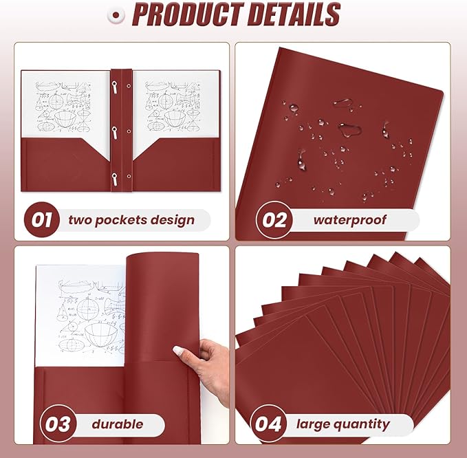 Yeaqee 30 Plastic Folders with Pockets and Prong Plastic Folders with 2 Pockets Pocket for Office, School for Students, Teachers, Office Workers (Dark Red)