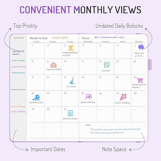 Undated Weekly Planner for 2025, Forvencer Simplified Weekly & Monthly Calendar Planner, Cute Daily Organizer Notebook, Agenda Journal to Track Goals & Tasks, Start Anytime, A5 Size, Pink