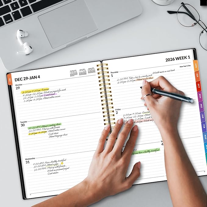 SUNEE 2026 Weekly and Monthly Planner - from January 2026 - December 2026, 8.5"x11" Daily Agenda Planner with Monthly Tab, Flexible Cover, Note Pages, Pockets, Bookmark, Spiral Binding, Black