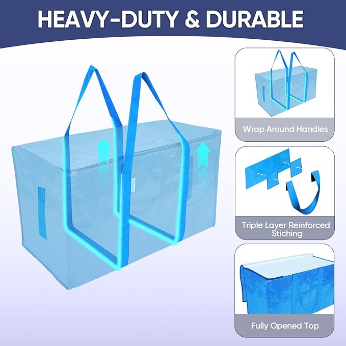 TICONN 6 Pack Extra Large Moving Bags with Zippers & Carrying Handles, Heavy-Duty Storage Tote Moving Boxes for Space Saving (6 Pack, Sky Blue)