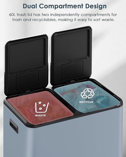 Arlopu 16Gal Dual Trash Can w/2 Built-in Box for Odor Control, Hands-Free Kitchen Garbage Bin, Recycle Waste Dustbin, Soft-Close Lid, 2 Buckets,Foot Pedal, Side Handle, Airtight,for Home Office