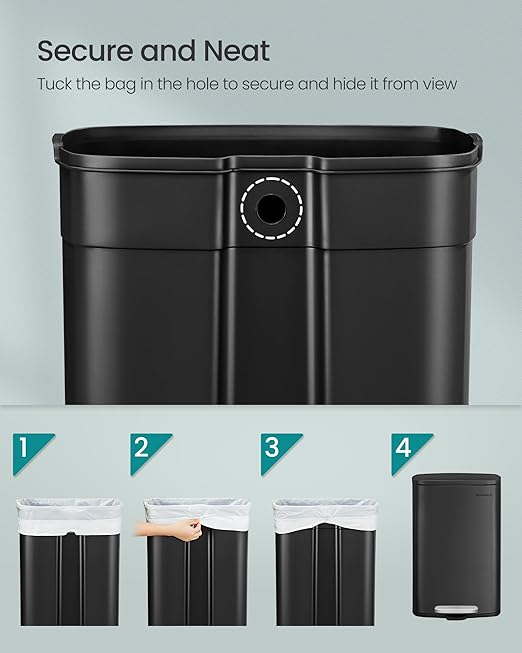 SONGMICS 13 Gallon (50 L) Trash Can, Stainless Steel Kitchen Garbage Can, Recycling or Waste Bin, Soft Close, Step-On Pedal, Removable Inner Bucket, Black ULTB050B01