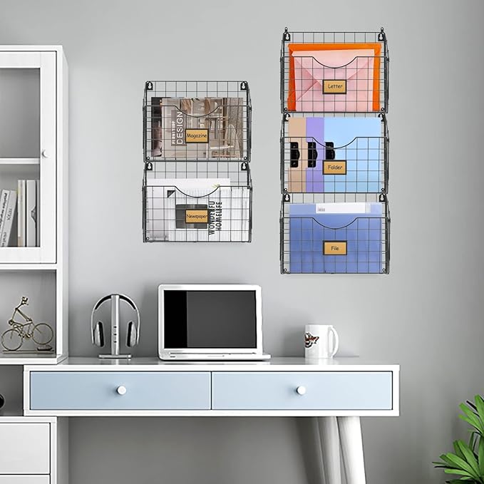 5-Tier Over the Door File Organizer, Stackable Hanging Wall Files Rack with Door Hooks Wall Organizers, SVertical Wall File Storage with Tag for Office Home and Work Easy Organizing - Black