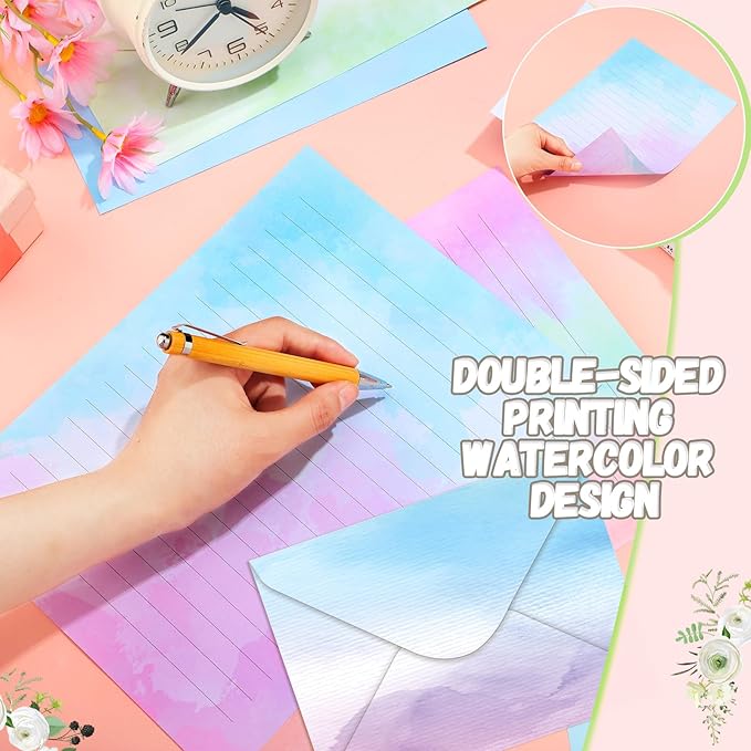TaoBary 160 Pcs Stationery Paper Set 50 Double Sided Stationery Papers with 50 Matching Envelopes and 60 Round Dot Sticker, 10 Design(Watercolor,8.5 x 11 Inch)