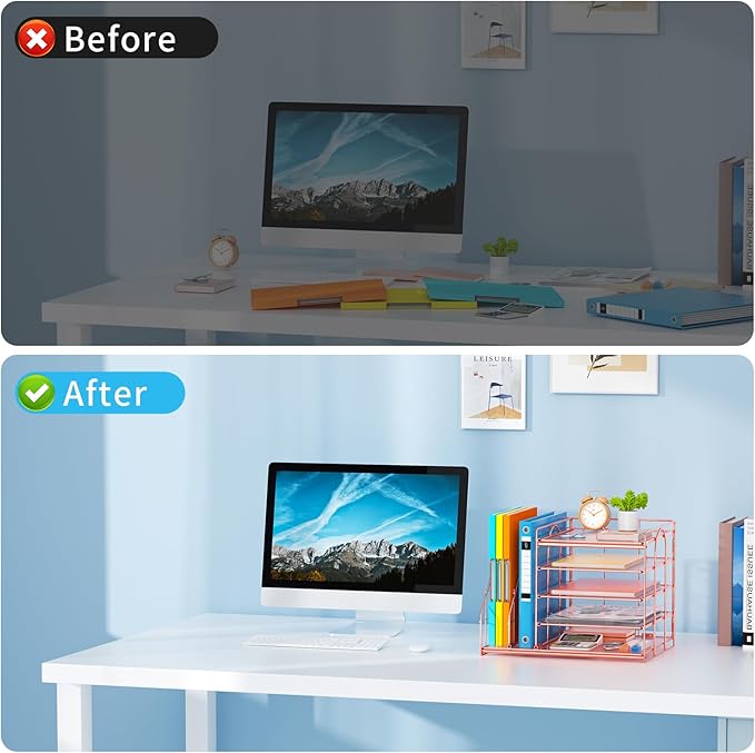 Marbrasse Desk Organizer with File Holder, 5-Tier Paper Letter Tray, Mesh Desk Accessories, Magazine Holder, Desktop Organizer and Storage for Office Supplies, Rose Gold