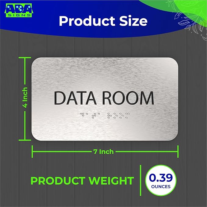 ADASigns Data Room Sign 7" W x 4" H - Durable Brushed Aluminum with Grade 2 Braille - Easy Installation with Strong Double Sided Tape - ADA Compliant Office & Businesses Signs for Wall