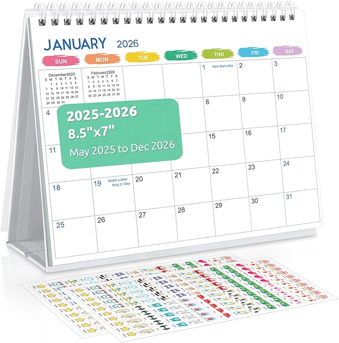 SKYDUE Desk Calendar 2025-2026, May 2025 to Dec 2026, 20 Months Small Desk Calendar with Planner Stickers, 8.5" x 7" Desktop Calendar Planner, Rainbow
