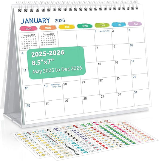 SKYDUE Desk Calendar 2025-2026, May 2025 to Dec 2026, 20 Months Small Desk Calendar with Planner Stickers, 8.5" x 7" Desktop Calendar Planner, Rainbow