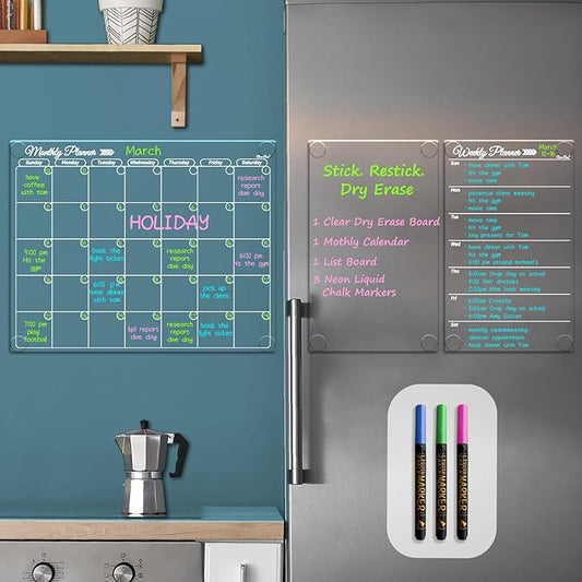 Clear Non-Magnetic Calendar Set for Fridge - Dry Erase Transparent Monthly, Weekly Calendar and Blank Board - Sticks to Wall, Glass, Door, Any Smooth Surfaces