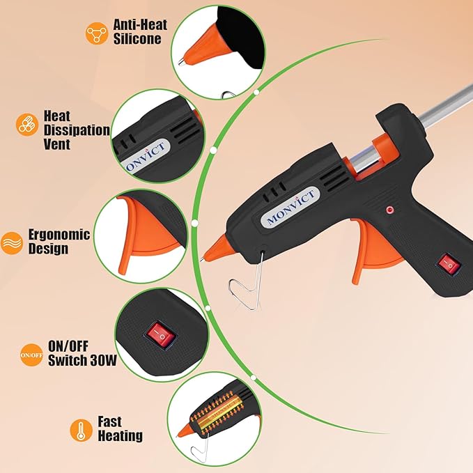 MONVICT 30W Mini Hot Glue Gun Kit, Fast Preheating Glue Gun with Storage Case, 20 Pcs Premium Glue Sticks, 10 Pcs Wood Craft sticks, Hot Melt Glue Gun for School Crafts DIY Arts Gift (Black)