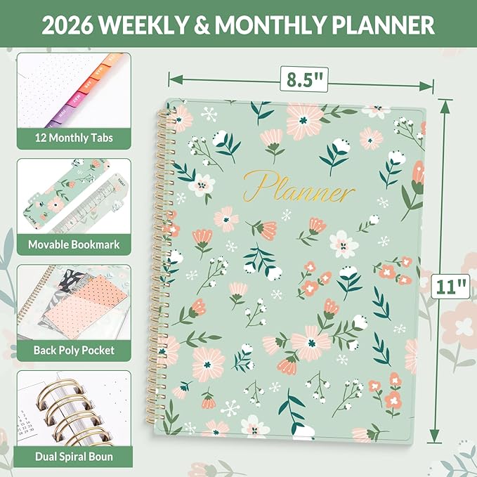 SUNEE 2026 Weekly and Monthly Planner - January 2026-December 2026, 8.5"x11" Half Weekly Half Note, Daily Agenda Planner with PVC Waterproof Cover, Monthly Tab, Note, Pockets, Bookmark, Wildflowers