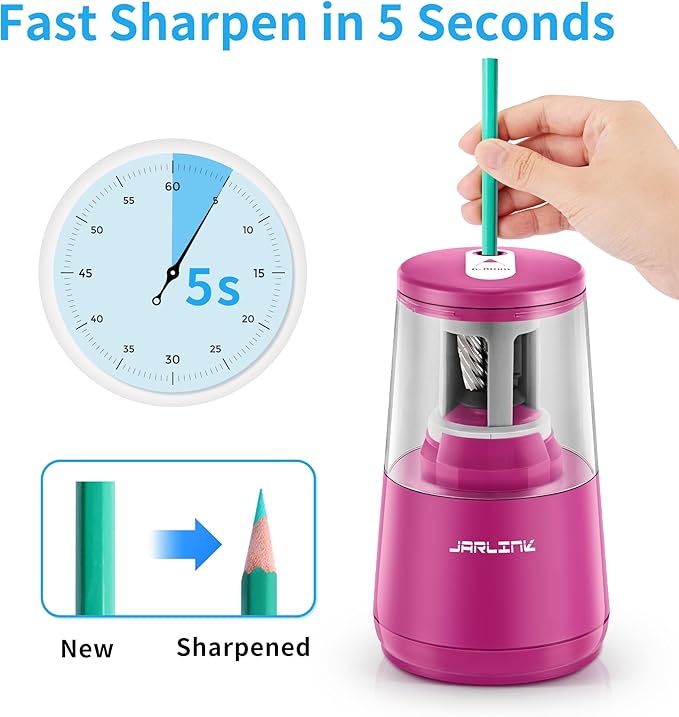 JARLINK Electric Pencil Sharpener, Heavy-Duty Helical Blade to Fast Sharpen, Auto Stop for No.2/Colored Pencils(6-8mm), AC Adapter/Battery Operated in School Classroom/Office/Home (Purple)