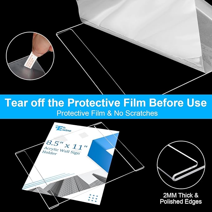 EHWINE 3 Pack 8.5 x 11 Wall Mount Acrylic Sign Holder, Wall Signs Photo Menu Flyer Display Holders, Plastic Clear Acrylic Wall Frames for Office Home Hotel Business Store (with Adhesive Tape)