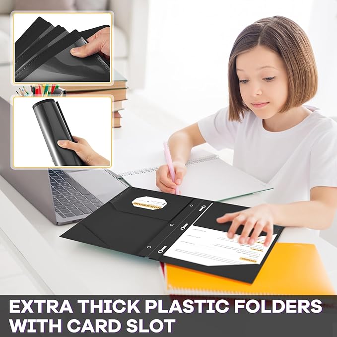 Henoyso 36 Pcs Plastic Folder with Clear Front Pocket and 3 Prong Plastic Folders with Card Slot Pocket Folders with Prongs for School Office (Black)