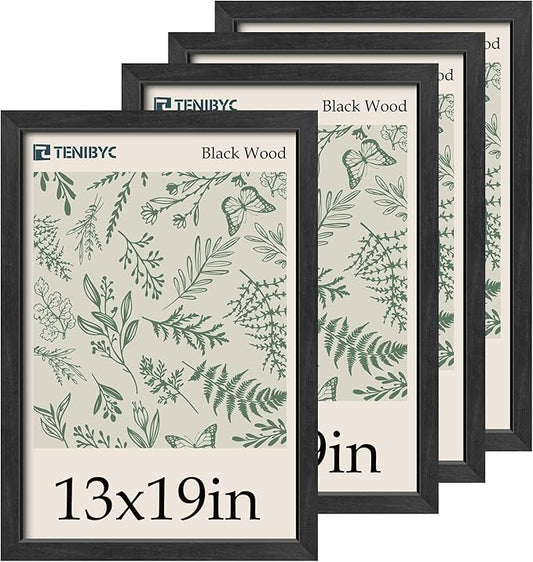 13x19 Picture Frame 4 Pack - Black Solid Wood Poster Photo Frame - Tempered Glass - Woodgrain Series - Room, Office, Gallery, Studio Display - Wall Hanging