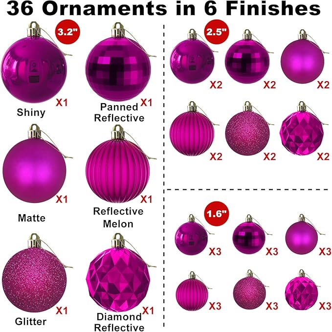 Fuchsia Christmas Ornaments - Christmas Tree Decorations Shatterproof Hanging Balls for Birthday Wedding Holiday Decor Set of 36pcs, Multi-Sizes(1.6",2.5",3.2")
