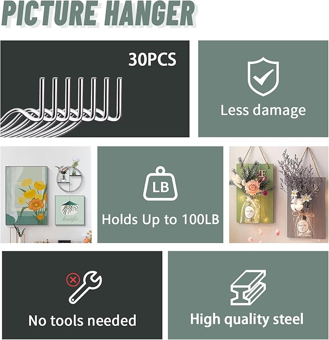 30pcs Super Hook Picture Hangers and Office Pack, Drywall Hooks for Hanging Pictures, Wall Hooks, Picture Hangers, Picture Hanging Kit，Hang Art, Clock, Shelves, Mirrors