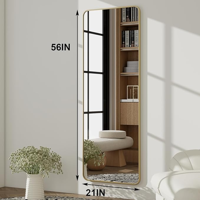 HARRITPURE 56" x 21" Rounded Full Length Mirror Aluminum Frame Gold Mirror Full Length Floor Mirror with Stand for Living Room Bedroom Cloakroom