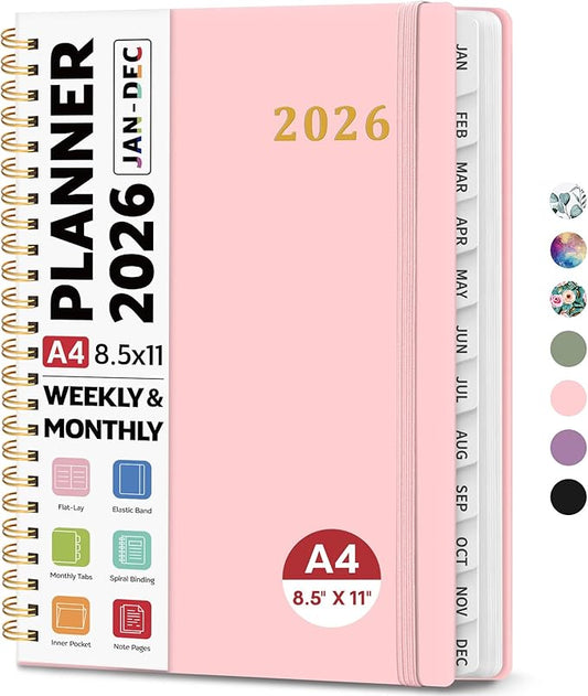 2026 Planner 8.5" x 11", Weekly and Monthly Calendar Planner Book, January 2026 - December 2026, Hardcover Spiral Planner with Monthly Tabs, Notes Pages, Perfect for Women & Men, A4 - Pink