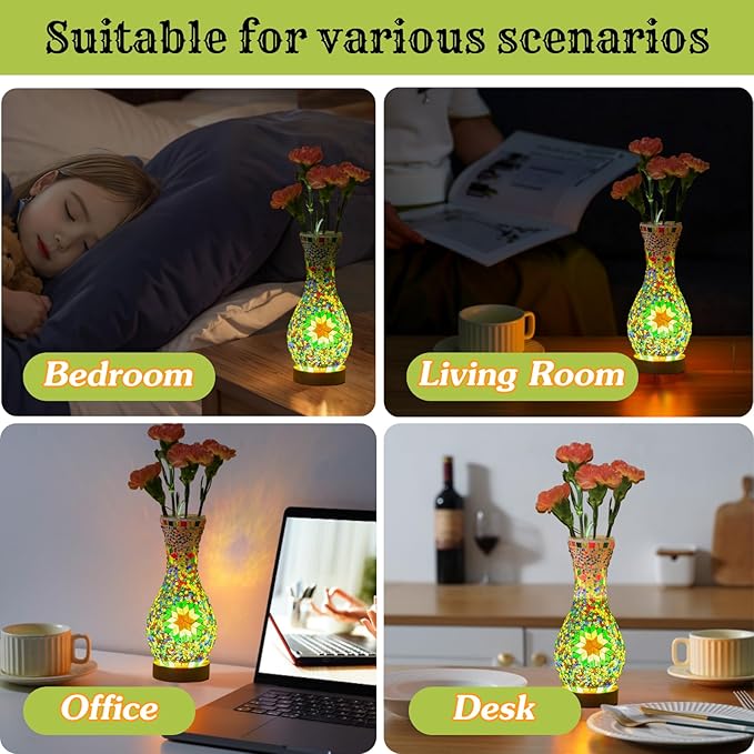 Unique Turkish Moroccan Style Mosaic Table Lamp, Colorful Glass Table Light with Wood Base, USB Powered for Bedroom, Living Room