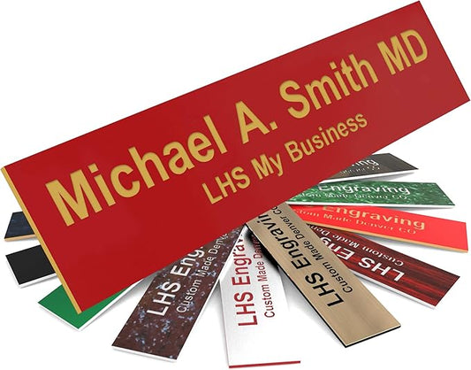 Engraved Name Plates for Door Sign Personalized Red Plastic Plaque with Gold Letters - Made in USA 2x10 B17