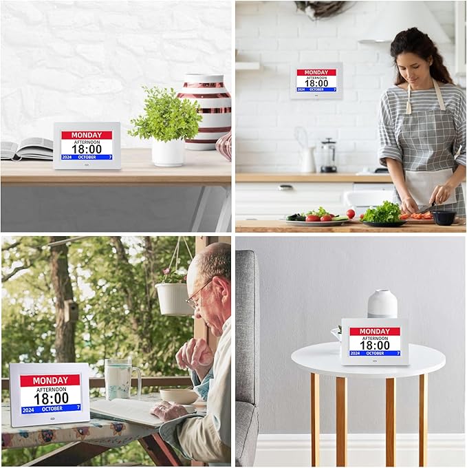 Digital Calendar Alarm Clock for Seniors, Electric Large Display with Date Day of Week Time Clock, 12 Custom Alarms, Auto-Dimming, Medication Reminder, Dementia-Friendly Design