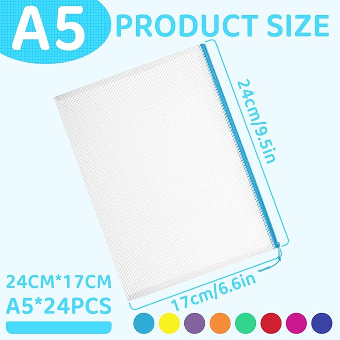 24pcs Mesh Zipper Pouch Bags, A5 9.4 x 6.9 Inches Reusable Zipper Bags Puzzle Storage Organizer 8 Colors Multipurpose for Travel Board Games Office Supplies and Home Organization