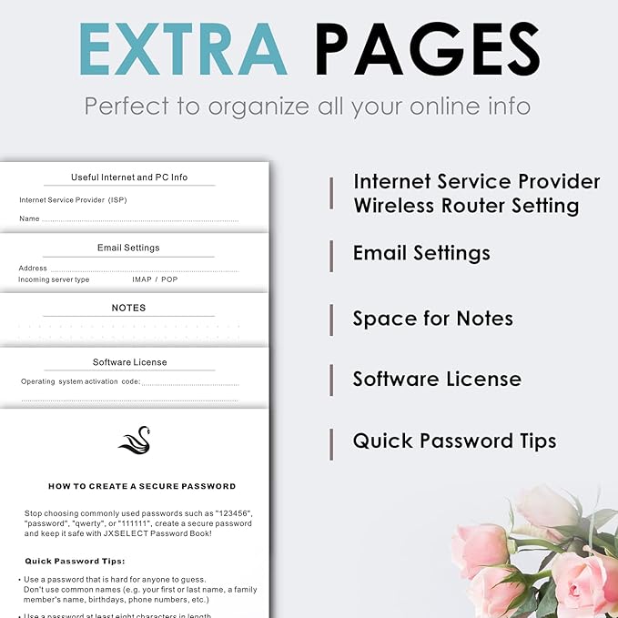 Elegant Password Book with Alphabetical Tabs - Hardcover Password Book for Internet Website Address Login - 7" x 10" Password Keeper and Organizer w/Notes Section & Back Pocket (Turquoise)