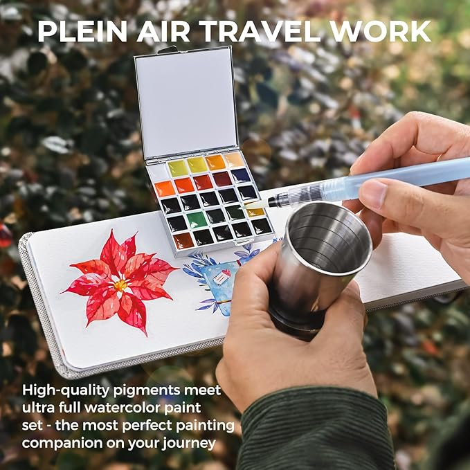 Funto Mini Watercolor Paint Set, All-In-One 24-Color Travel Paint Kit, with Crossbody Bag, Watercolor Journal, Paint Water Cup, Pocket Set for Artists